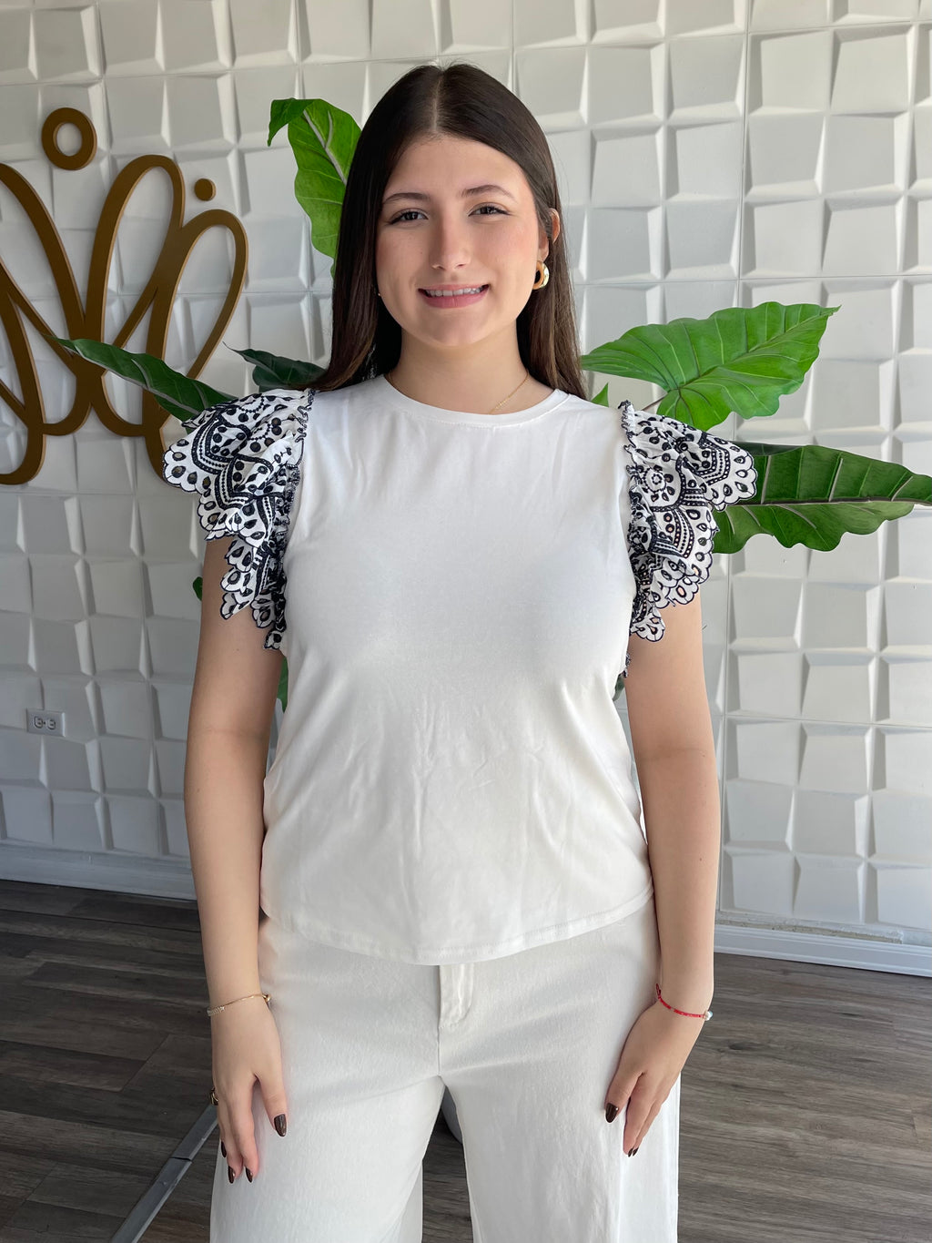 Navy White Embroidery Top